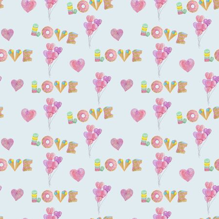 seamless pattern love and sweets with hearts for valentines day in delicate colorsの写真素材