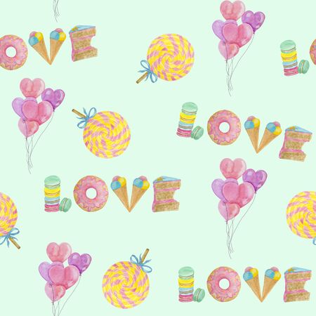 seamless pattern love and sweets with hearts for valentines day in delicate colorsの写真素材