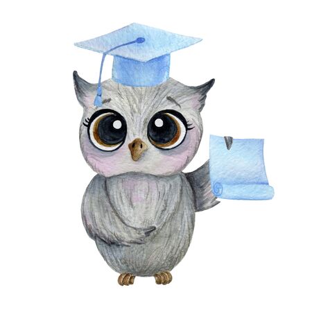  cute gray owl with big eyes watercolor, children illustrationの写真素材