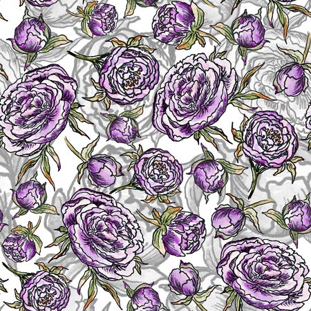 watercolor seamless pattern lilac peonies with buds and leaves stroke on a white background sketchの写真素材