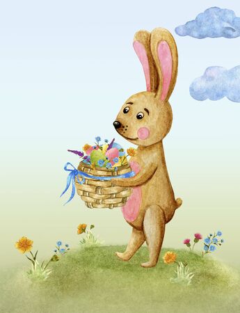 Greeting card Easter bunny in watercolor with a wicker basket filled with eggs and flowers, place for textの写真素材