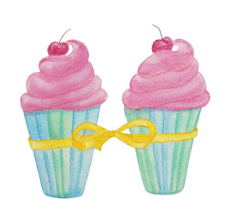 watercolor cupcake, sweet, color, fruit, children's illustration, sketchの写真素材