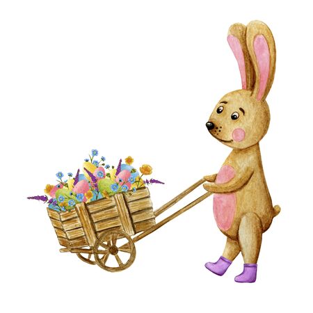  watercolor Easter card with a wooden trolley filled with eggs and flowers, place for textの写真素材