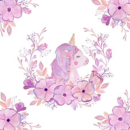 watercolor pink frame flower unicorn valentines day Borderの写真素材