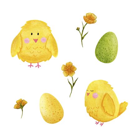 spring, easter, yellow chicken in watercolor, children&#39;s illustrationの写真素材