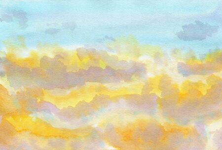  sunset sky with clouds.Watercolor background blue, yellow, pink.Illustration brushの写真素材