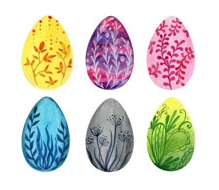 Easter set. eggs in watercolor with floral patterns. Yellow, green, blue, pink, purple and grayの写真素材