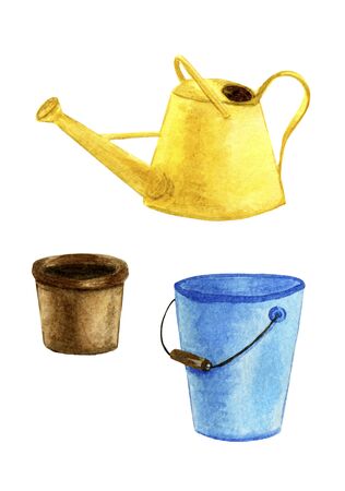  Seth yellow, garden watering can, blue bucket, flower pot, icons. Watercolor illustration of garden toolsの写真素材
