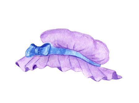 Lilac bonnet with blue trim. Baby clothes, watercolor illustration on a white background.の写真素材