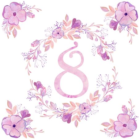Postcard March 8. International Womens Day. Watercolor illustration, delicate pink flowers.の写真素材