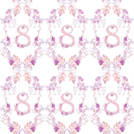 March 8 seamless pattern. International Womens Day. Watercolor illustration, delicate pink flowers.の写真素材