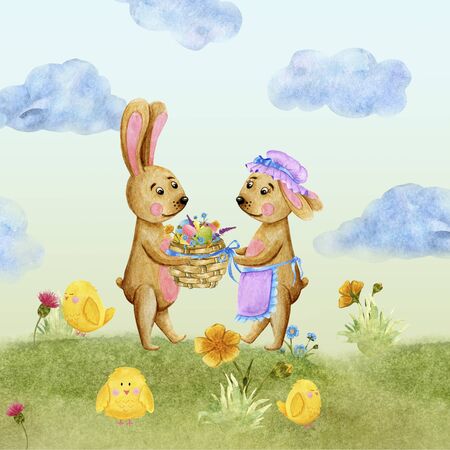 Easter watercolor card. A pair of rabbits in love on a green lawn are holding a basket with eggs and wildflowers. Against the cloudsの写真素材