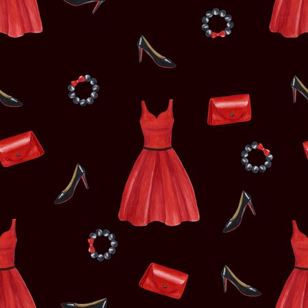Seamless pattern. Womens accessories. Red, festive dress in the style of the fifties. For womens day. Watercolor illustration. March 8.の写真素材