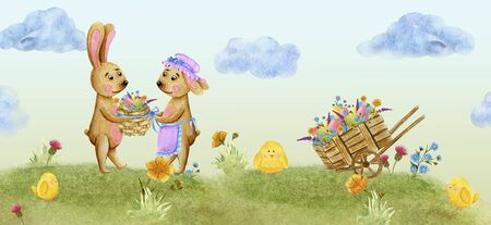 Easter banner, a family of rabbits in a village with chickens, on a green hill. Watercolor illustration.の写真素材