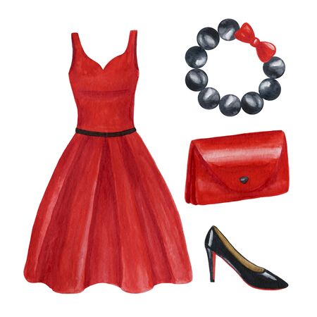 Red and black set of womens accessories. Dress, clutch shoes and bracelet. Watercolor illustration. Isolate on a white background.の写真素材