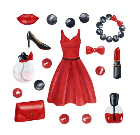 Red and black female accessories. Shoes, clutch bag, bracelet and cosmetics. Set for Women&#39;s Day. Watercolor illustration. Isolate on a white background. March 8の写真素材