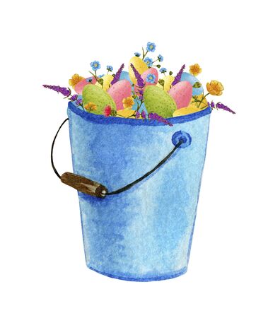blue metal, garden bucket with a handle, with easter eggs and flowers in watercolorの写真素材