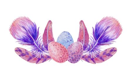 purple watercolor easter frame, feather and egg vignetteの写真素材