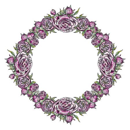watercolor frame and vignette lilac peonies with the outline of buds and foliage on a white background sketchの写真素材