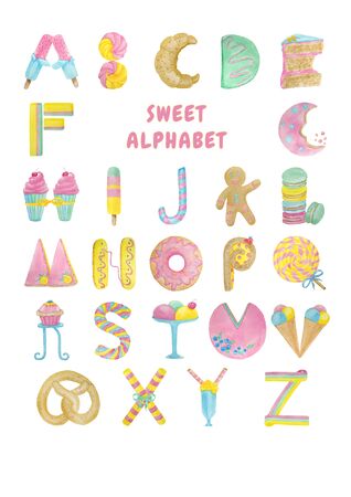 watercolor sweet alphabet in bright colors and sweetsの写真素材