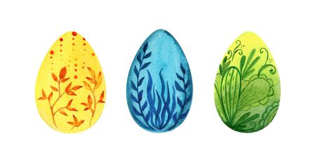Easter set of hand painted eggs, watercolor illustration with floral patterns. green, blue, yellowの写真素材