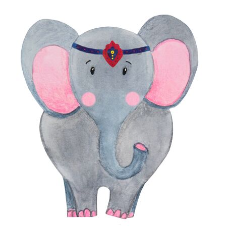 .watercolor illustration of a gray circus elephant with pink cheeks standsの写真素材
