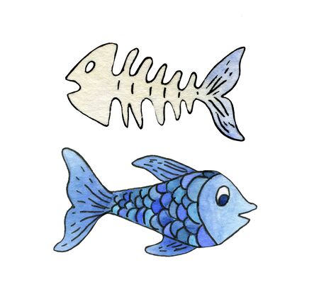 Seth blue fish and fish skeleton. Children&#39;s watercolor illustration with a black stroke. Clipart on a white background.の写真素材