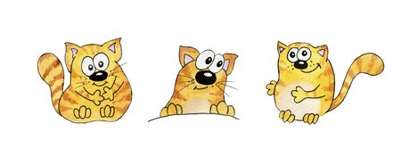 Seth watercolor. Orange, striped funny cats in cartoon style. Childrens illustration. With a black stroke. Clipart on a white background.の写真素材