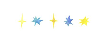 Yellow and blue star banner on a white background. Children's watercolor illustration. Clipart stars.の写真素材
