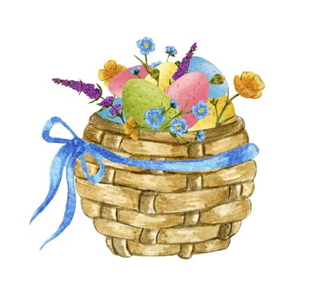 wicker easter basket with eggs and flowers watercolor illustration on white backgroundの写真素材