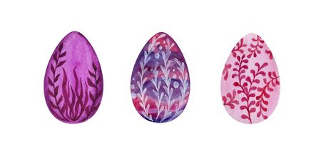 Pink easter set of hand painted eggs, watercolor illustration with floral patternsの写真素材
