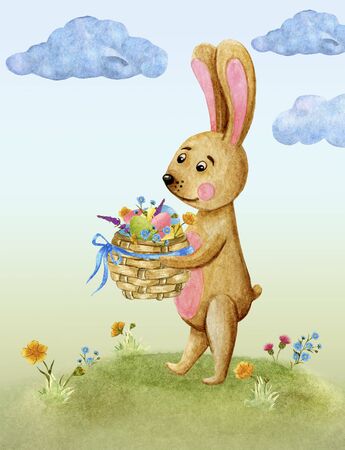 Greeting card Easter bunny in watercolor with a wicker basket filled with eggs and flowers, place for textの写真素材
