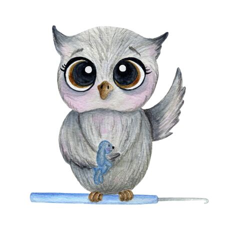 A gray owl sits on a crochet hook, holds a toy. Watercolor illustration. Isolate on a white background.の写真素材