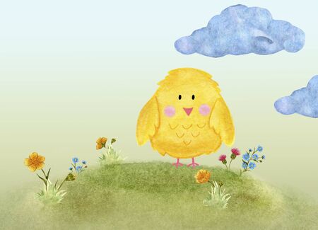 Greeting card yellow chicken on a hill watercolor illustration with place for textの写真素材