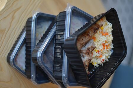 Dishes in plastic containers for delivery serviceの写真素材
