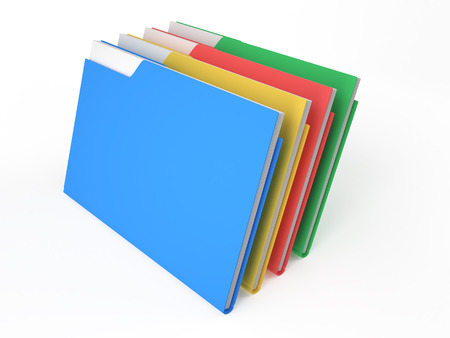 color folders with documents arranged in a circle on white backgroundの写真素材