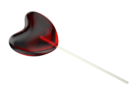Valentine\'s Day celebration concept: red glossy shiny lolipops in the form  of hearts  isolated on white background?の写真素材