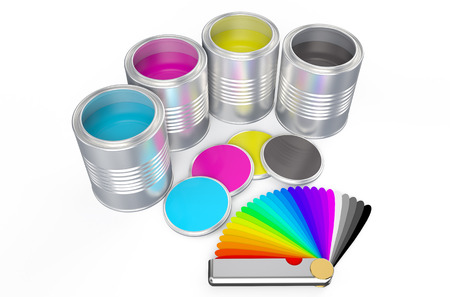 Cans with color paint and pantone color palette guide isolated on white backgroundの写真素材
