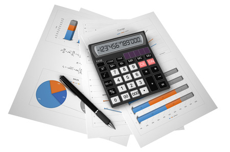 Office black calculator and pen on financial reports isolated on white backgroundの写真素材