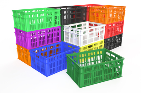 stack plastic crates isolated on white backgroundの写真素材