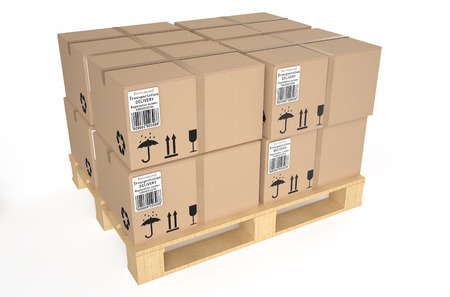 Cardboard boxes on pallet isolated on white backgroundの写真素材