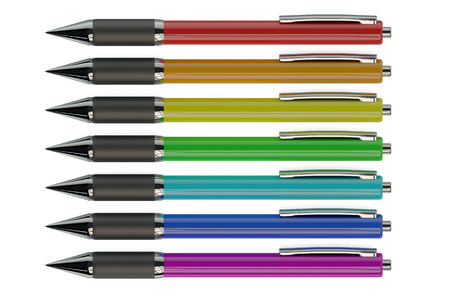 colored ballpoint pens isolated on white backgroundの写真素材