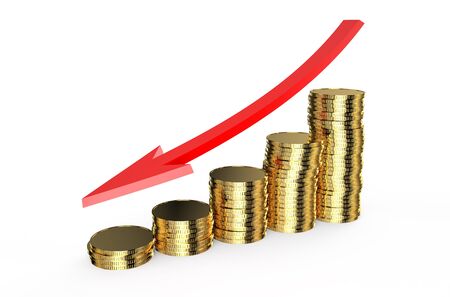 down golden chart  from coins with arrow isolated on white backgroundの写真素材