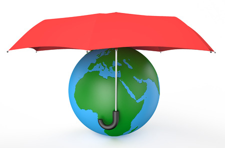 earth covered by red umbrella  isolated on white backgroundの写真素材