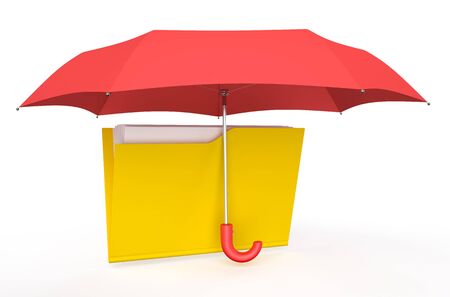 folder covered by red umbrella isolated on white backgroundの写真素材
