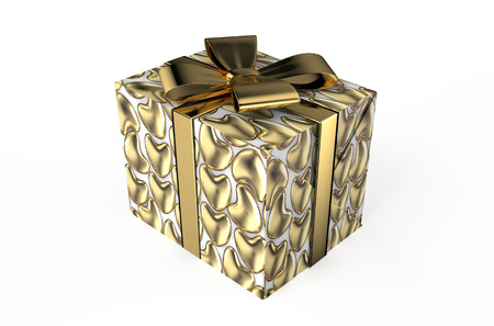 Gift box with  golden hearts isolated on white backgroundの写真素材