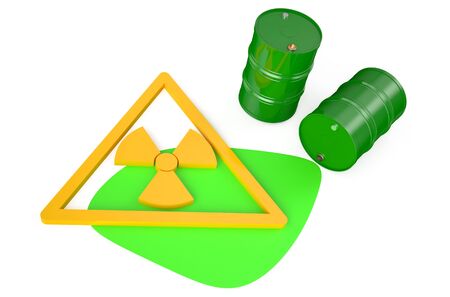Green barrels with radioactive waste isolated on white backgroundの写真素材