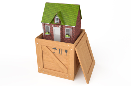 home in wooden box isolated on white backgroundの写真素材