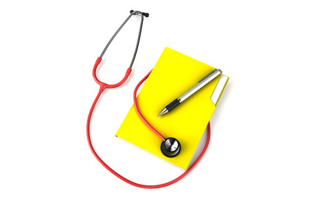 red stethoscope with folder and metallic pen isolated on white backgroundの写真素材
