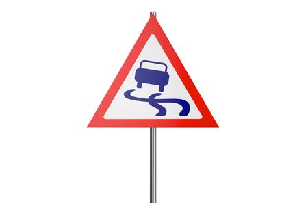 slippery road sign isolated on white backgroundの写真素材